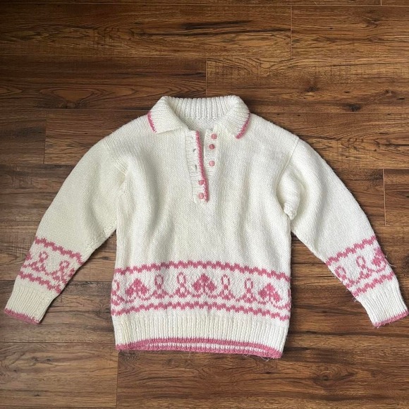 Sweaters - Vintage Handknit Wool Collar Button‎ Pullover Sweater White Pink Medium Coquette